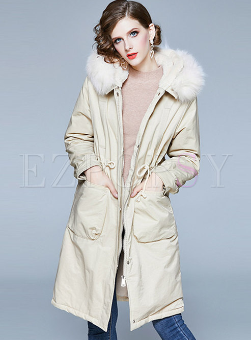 Solid Color Waist Hooded Orolay Coat With Drawcord