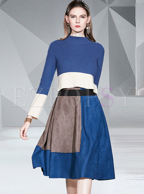 Color Block Patchwork Knitted Suit Dress