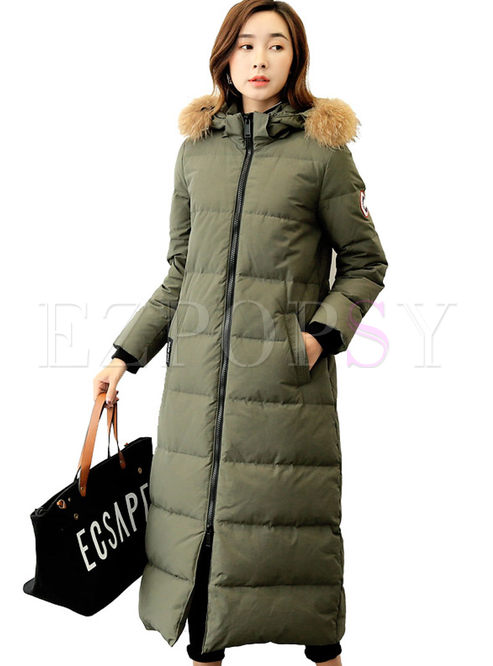 Hooded Long Puffer Coat With Fur Collar