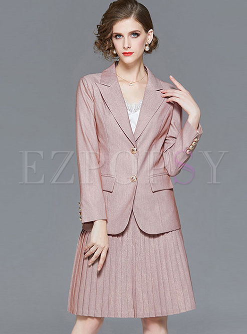 Pink Notched Slim Pleated Suit Dress