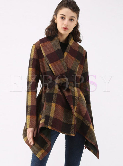Outwear | Jackets/Coats | Long Sleeve Plaid Asymmetric A Line Coat