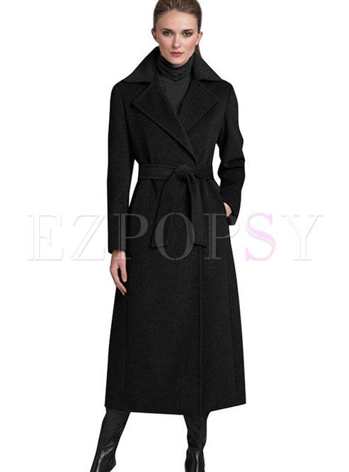 Black Notched Long Overcoat With Belt