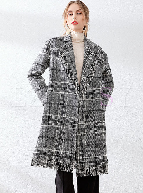 Outwear | Jackets/Coats | Notched Fringed Plaid Wool Blend Coat