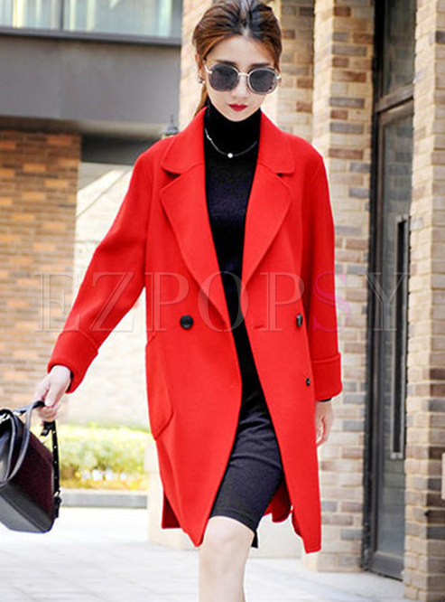 Solid Color Notched Loose Wool Peacoat