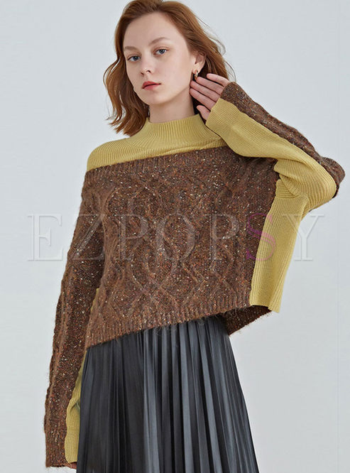 Turtleneck Patchwork Cable-knit Cropped Sweater
