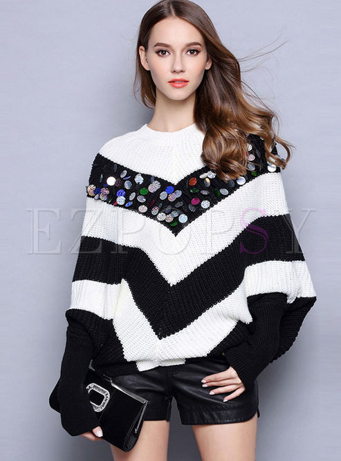 Plus Size Striped Sequin Pullover Sweater