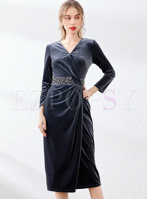 Dresses | Bodycon Dresses | V-neck Long Sleeve Velvet Bodycon Dress