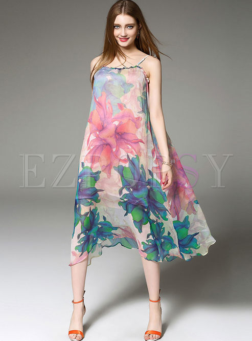 Loose Big Hem Floral Print Silk Slip Dress