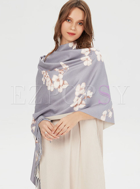 Print Fringed Thicken Poncho Scarf