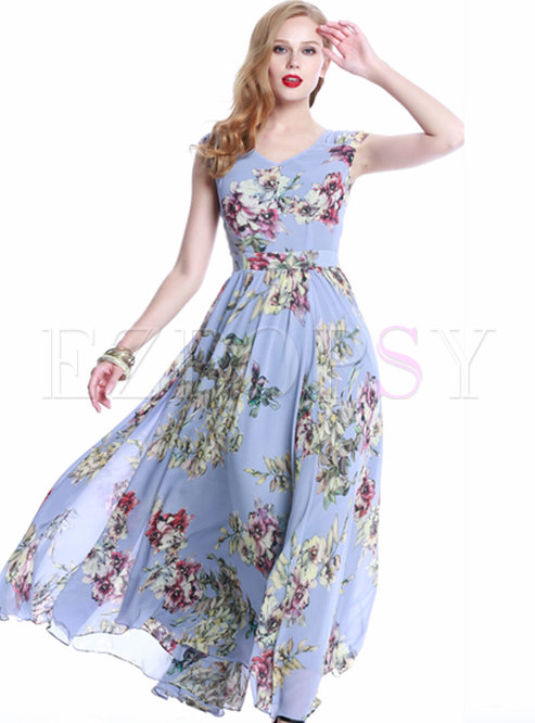 Dresses | Maxi Dresses | V-neck High Waisted Print Big Hem Maxi Dress