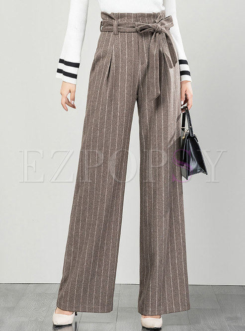 High Waisted Tie Striped Wide Leg Pants
