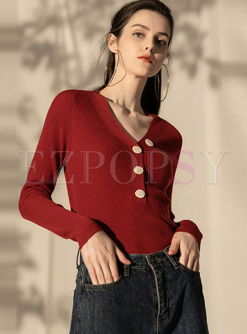 V-neck Long Sleeve Slim Pullover Cropped Sweater