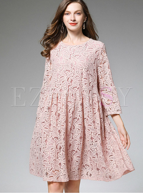Crew Neck Lace Openwork Loose A Line Dress