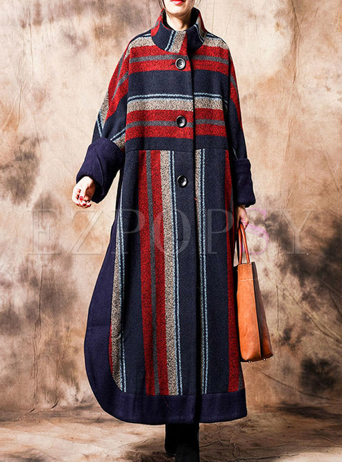 Outwear | Jackets/Coats | Mock Neck Striped Patchwork Long Coat