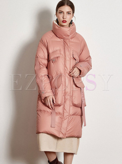 Lapel Knee-length Puffer Coat With Pockets