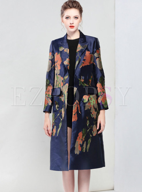 Notched Embroidered Straight Slim Overcoat