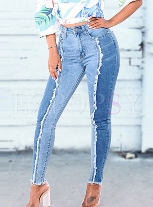 Patchwork High Waisted Fringed Denim Pencil Pants
