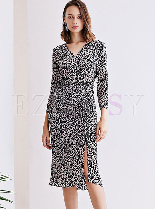 V-neck Leopard Silk Slit Bodycon Dress