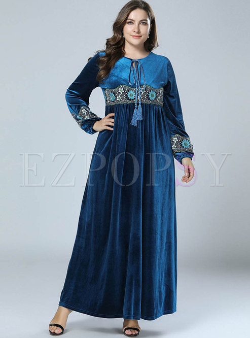 Plus Size Tie Embroidered High Waisted Maxi Dress