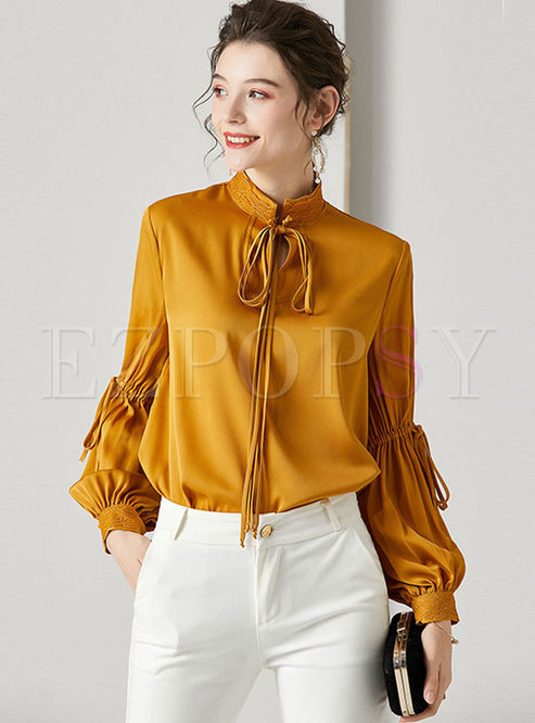 Tops | Blouses | Mock Neck Drawcord Loose Silk Blouse