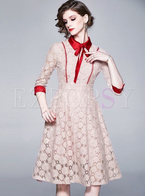 Bowknot Patchwork Color-blocked Lace Skater Dress