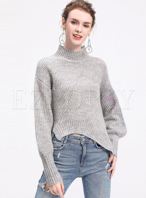 Mock Neck Irregular Pullover Knit Sweater 
