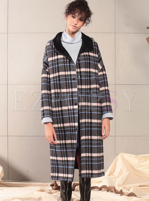Hooded Plaid Slit Knee-length Cashmere Coat