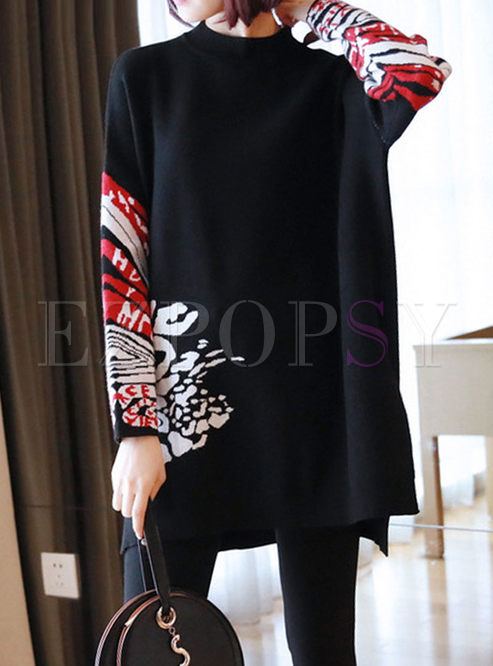 Black Print Pullover Asymmetric Sweater