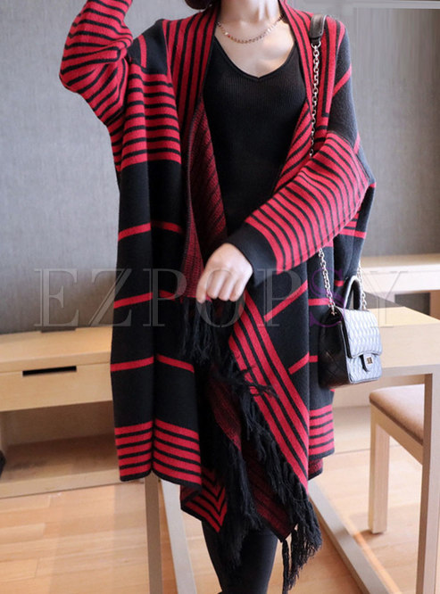 Striped Color-blocked Fringed Loose Cardigan
