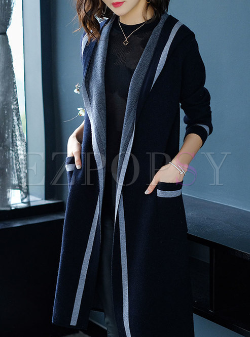 Fashionable Hooded Color-blocked Knitted Coat