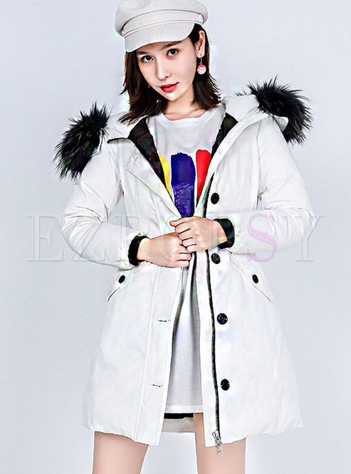 Hooded Slim Puffer Coat With Fur Collar