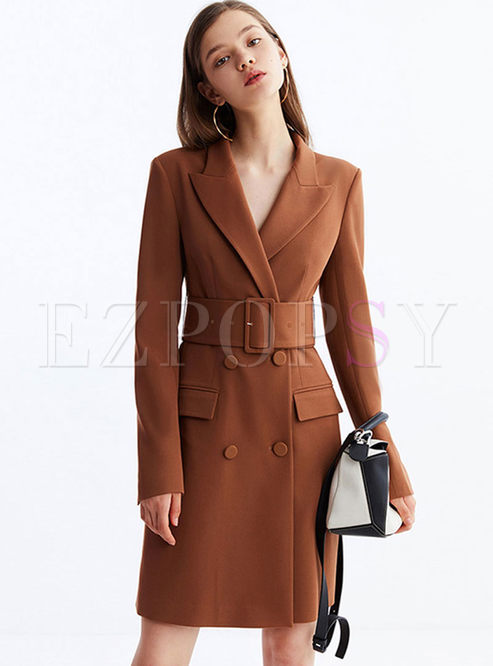 Notched Long Sleeve Bodycon Dress With Belt