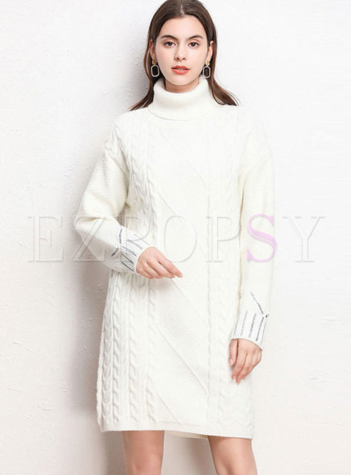 White Turtleneck Straight Sweater Mini Dress