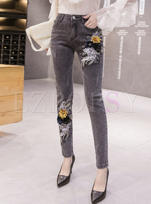 High Waisted Embroidery Patchwork Denim Pencil Pants