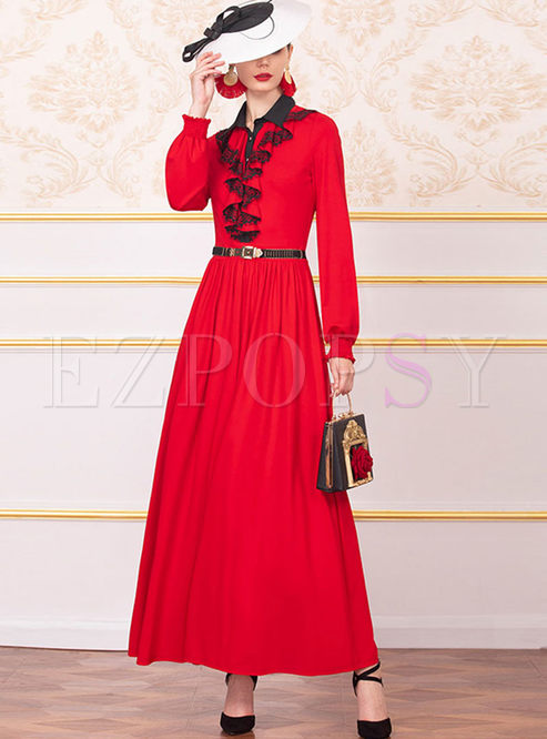 Red Lapel Long Sleeve Formal Maxi Dress