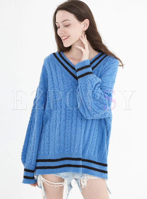 Color-blocked V-neck Loose Pullover Sweater