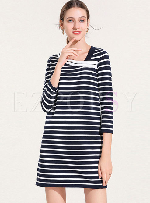 Asymmetric V-neck Striped Mini Sweater Dress