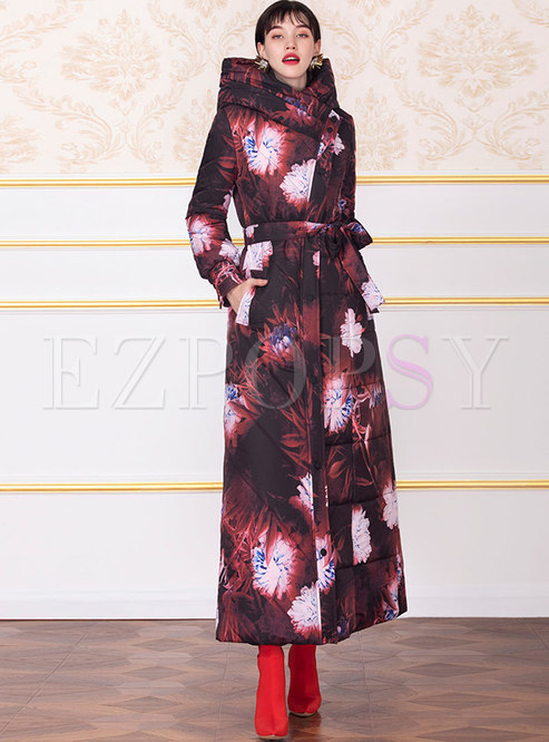 Print High Waisted Cotton Thick Hooded Long Coat