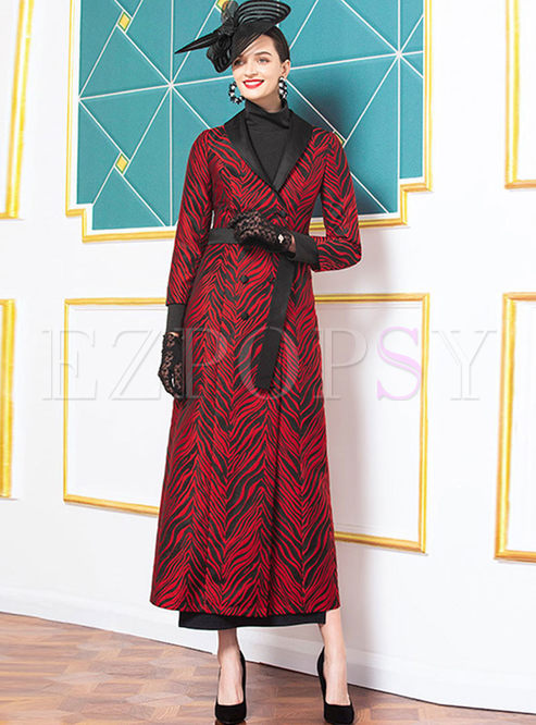 Lapel Print Long Trench Coat With Belt