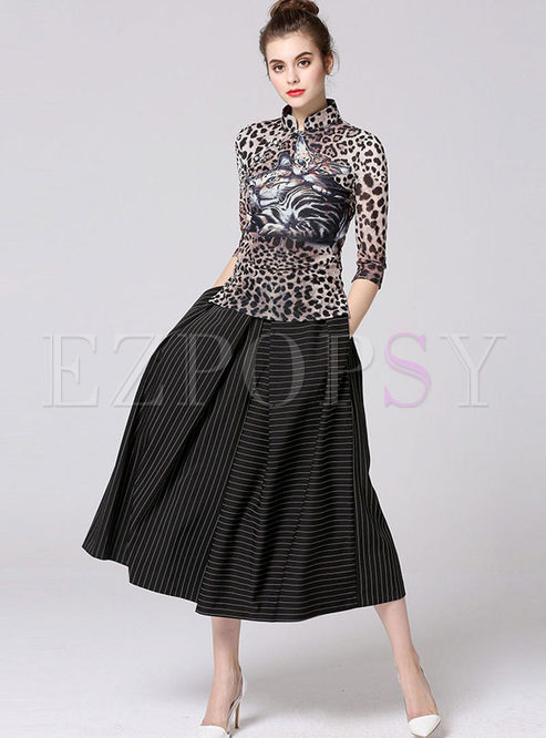 Two-piece Outfits | Two-piece Outfits | Mandarin Collar Leopard Striped Palazzo Pant Suits