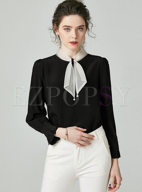 Tops | Blouses | Bowknot Mock Neck Long Sleeve Silk Blouse