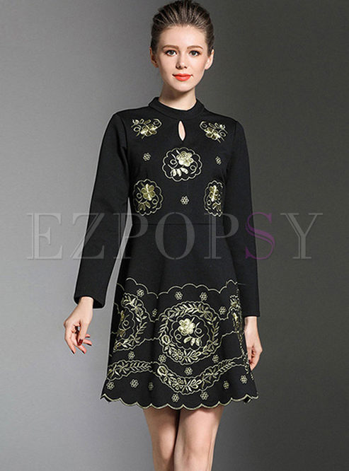 Black Long Sleeve Embroidered Mini Dress
