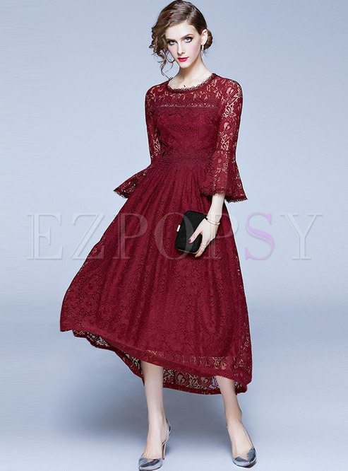 Dresses | Maxi Dresses | Wine Red Flare Sleeve Lace Party Maxi Dress