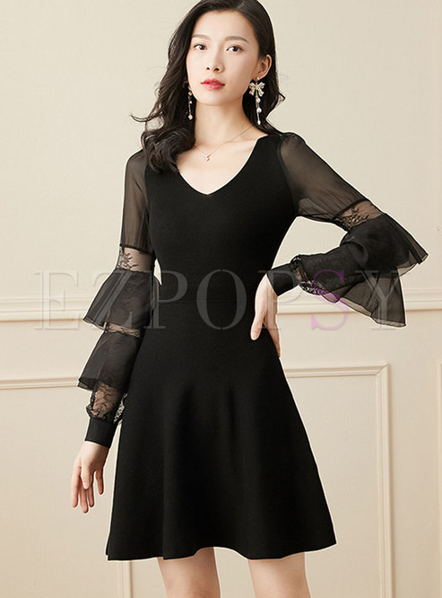 Black Falbala Patchwork Long Sleeve Mini Dress
