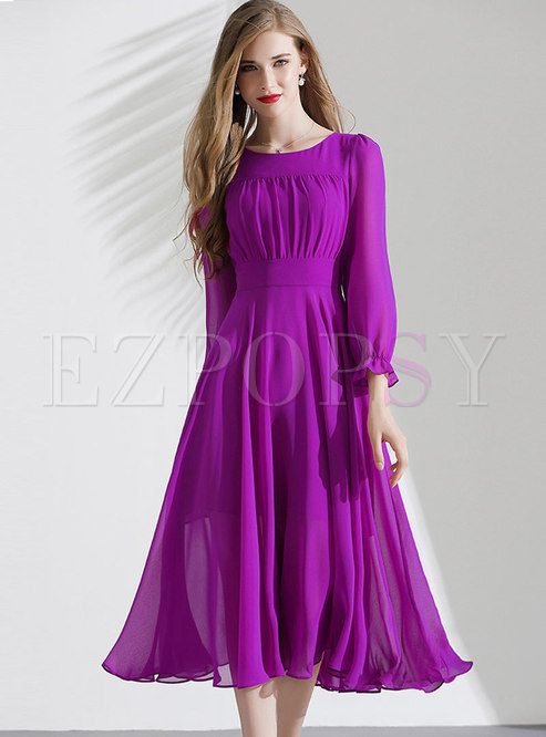 Purple Long Sleeve A Line Chiffon Dress