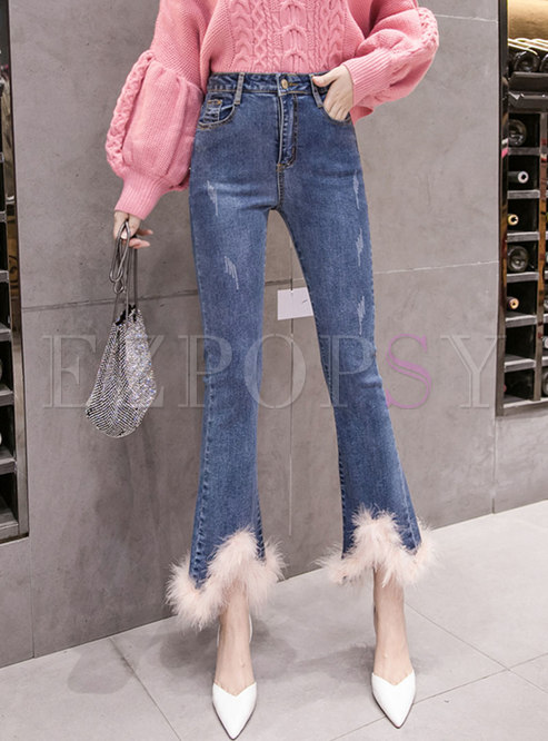 High Waisted Short Plush Patchwork Flare Jeans