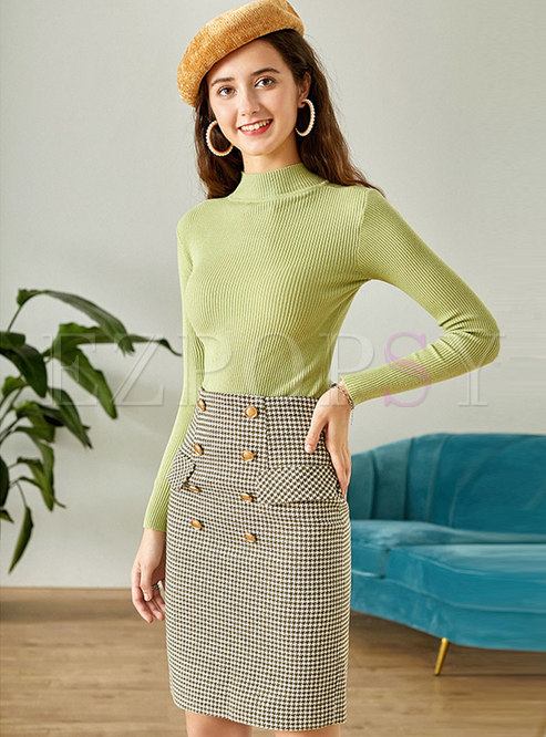 Pullover Slim Sweater Plaid Suit Dress
