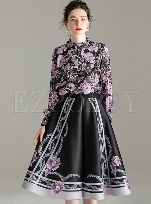 Mock Neck Pullover Print A Line Suit Dress