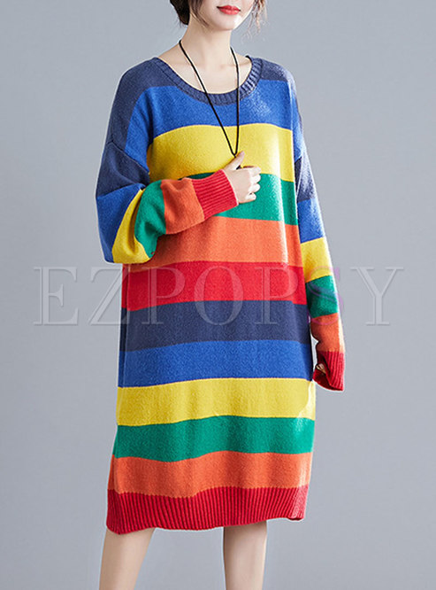 Crew Neck Rainbow Striped Sweater Dress