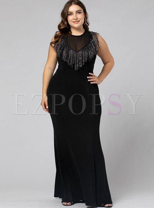 Black Plus Size Mesh Fringed Prom Maxi Dress
